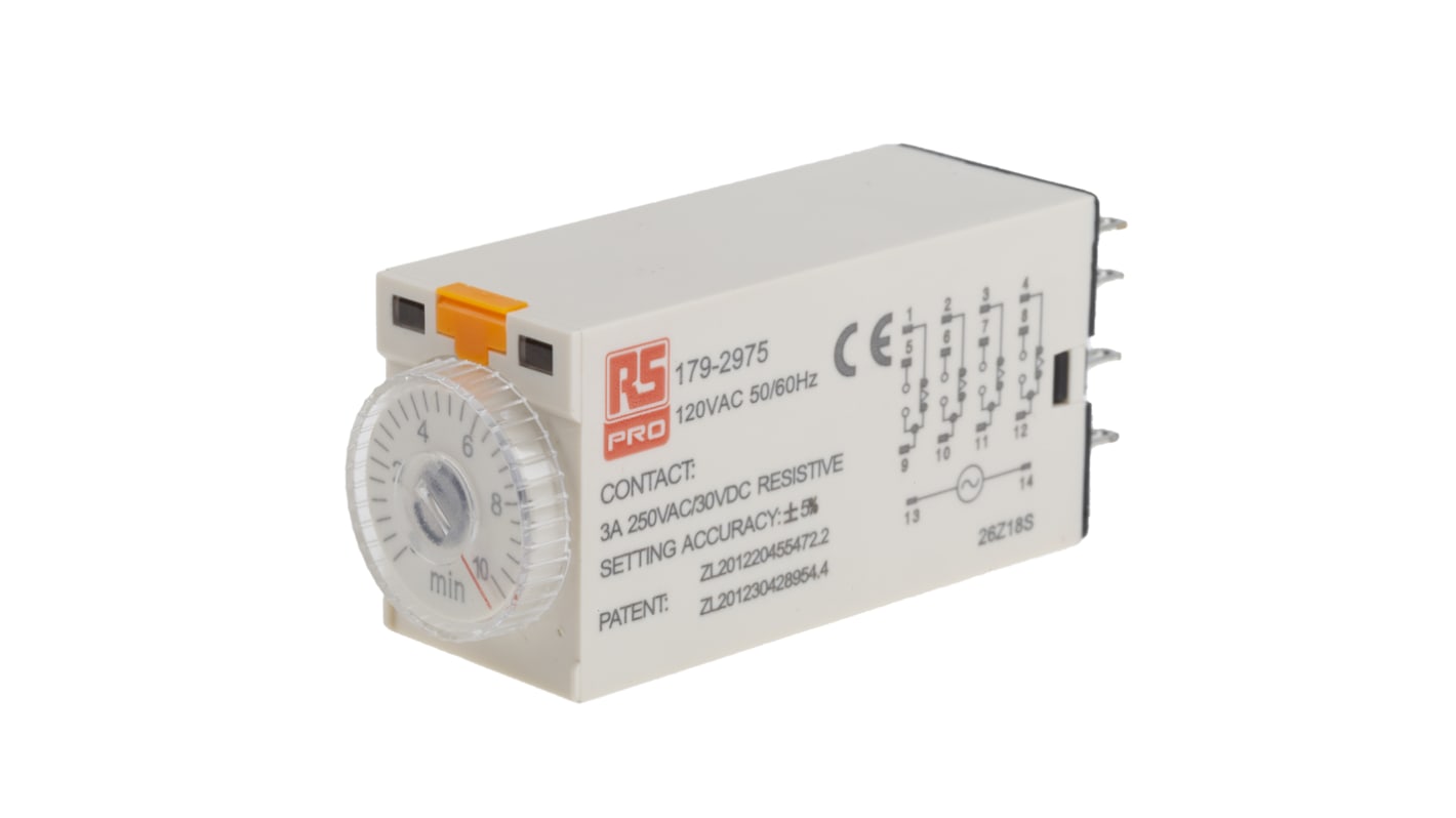 RS PRO 通电延时时间继电器, 110V 交流电源, 0.5 → 10min范围, 4触点