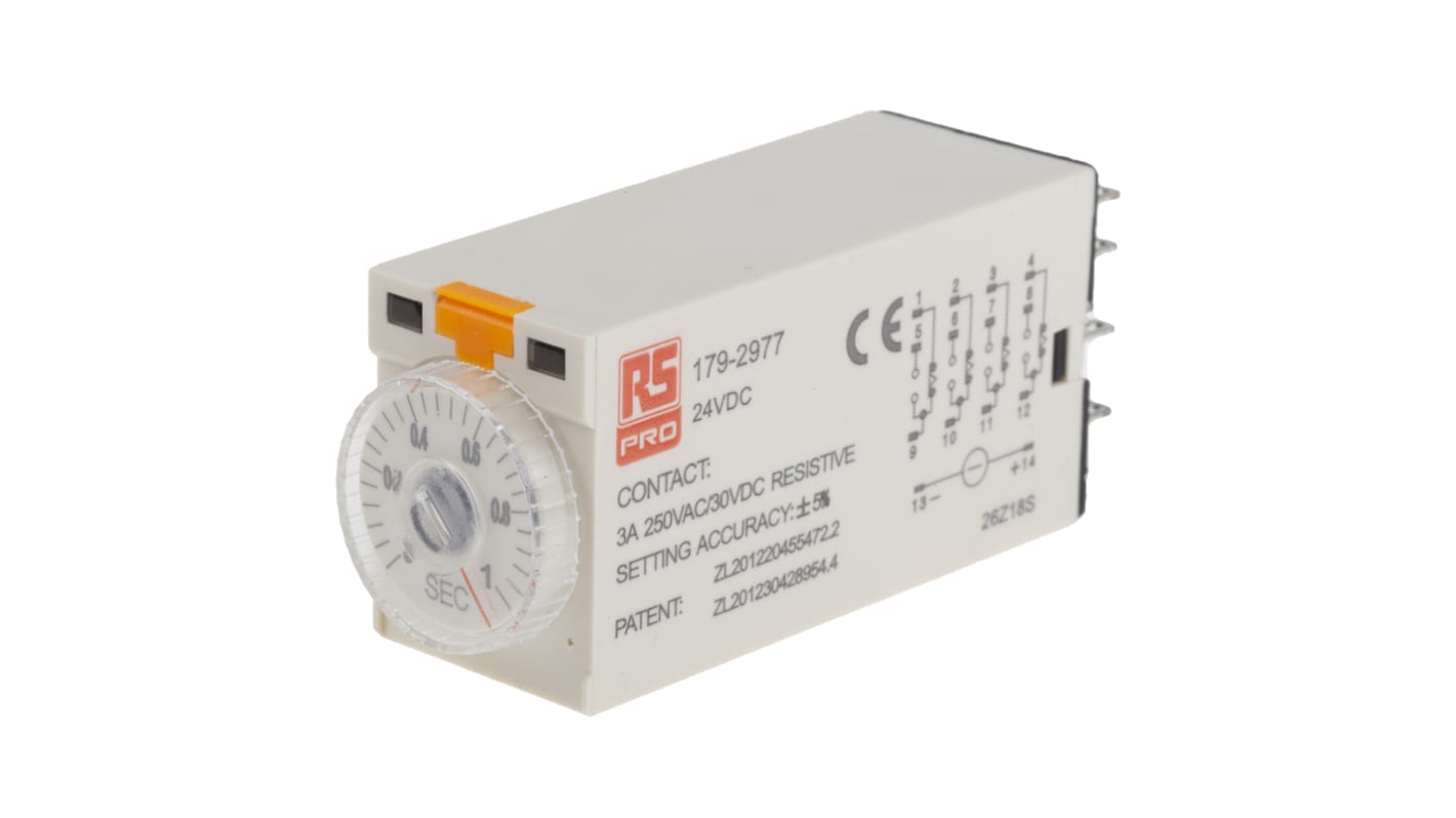 RS PRO シングル タイマーリレー, 0.1 → 1s, 24V dc, 4PDT, プラグイン