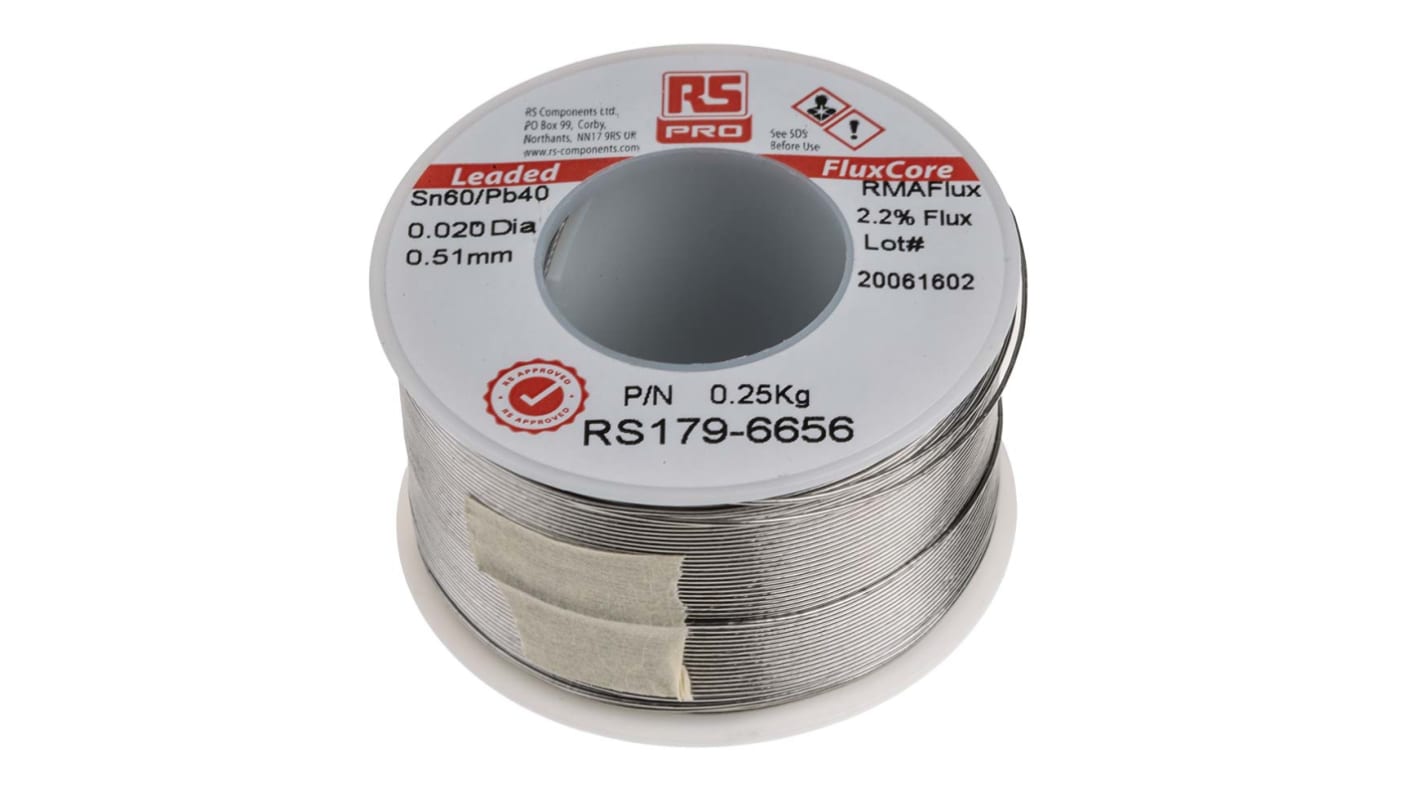 RS PRO 焊锡丝, 锡铅焊料, 0.5mm直径, 40%铅, 183°C熔点, 松香助焊剂, RMA200