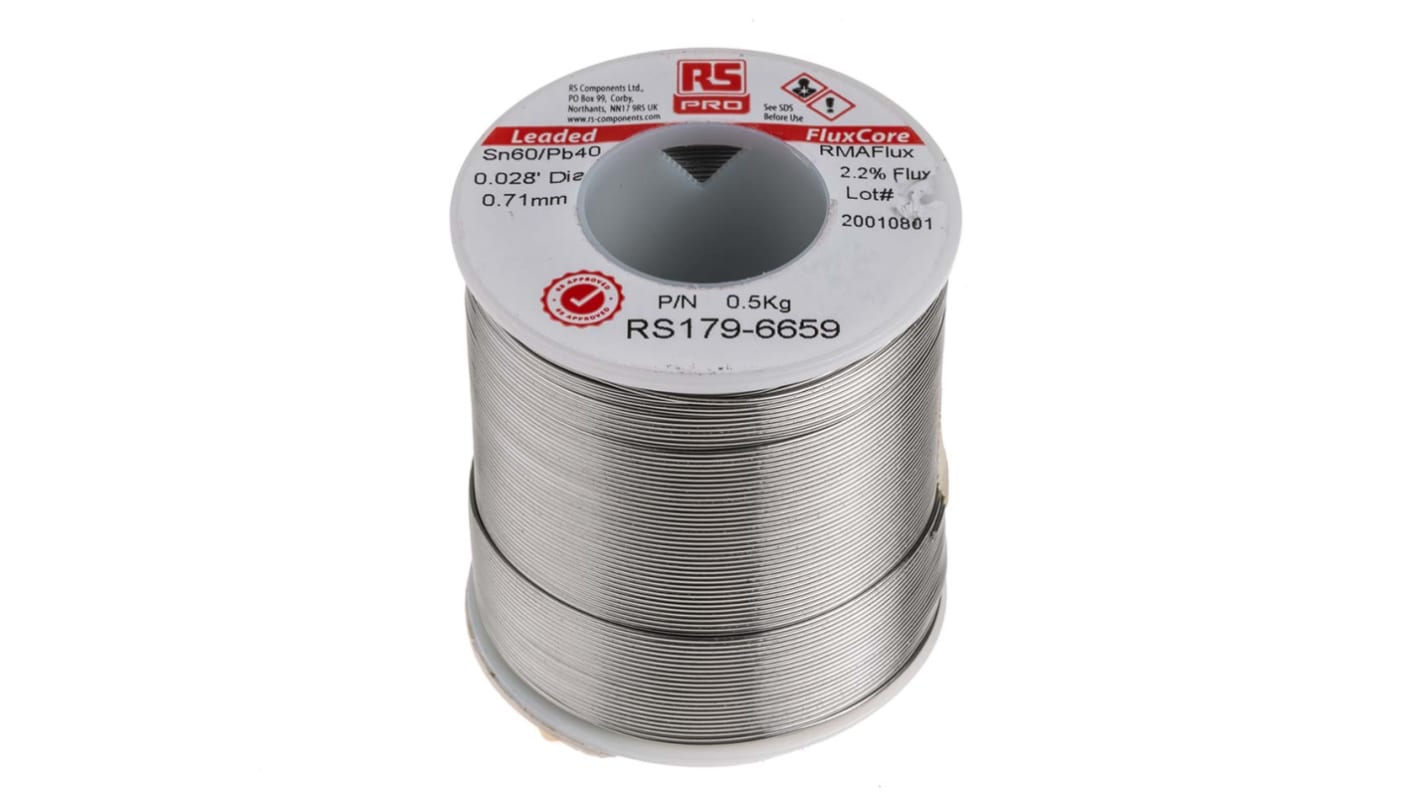 RS PRO 焊锡丝, 锡铅焊料, 0.7mm直径, 40%铅, 183°C熔点, 松香助焊剂, RMA200