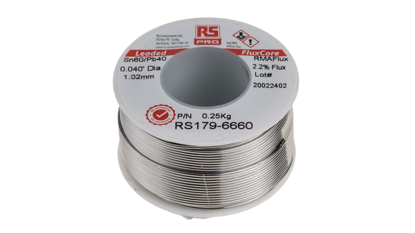 RS PRO 焊锡丝, 锡铅焊料, 1mm直径, 40%铅, 183°C熔点, 松香助焊剂, RMA200