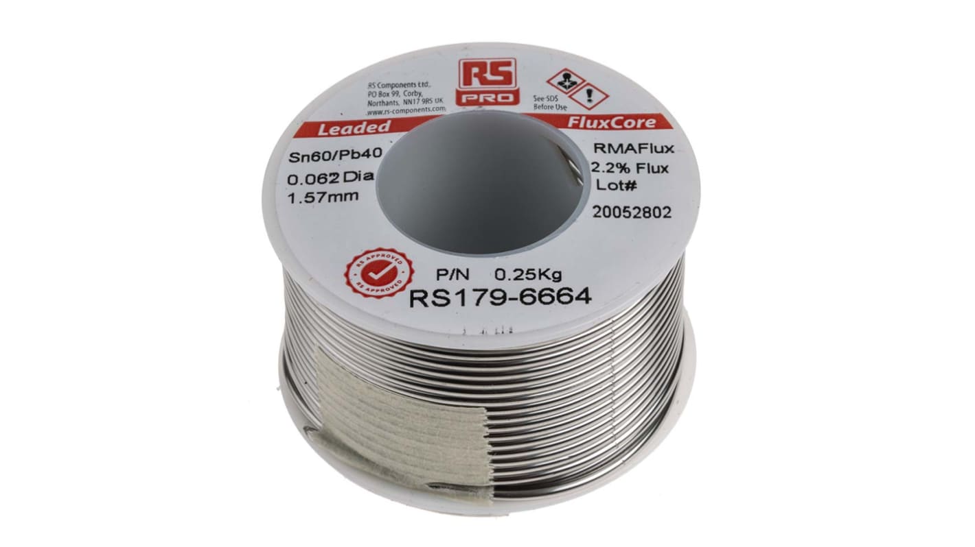 Lega saldante con piombo RS PRO, Ø 1.57mm, punto fusione 183°C, 250g