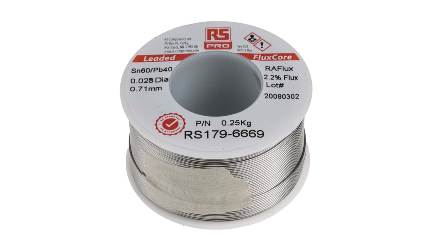 RS PRO 焊锡丝, 锡铅焊料, 0.7mm直径, 40%铅, 183°C熔点, 松香助焊剂, RA300
