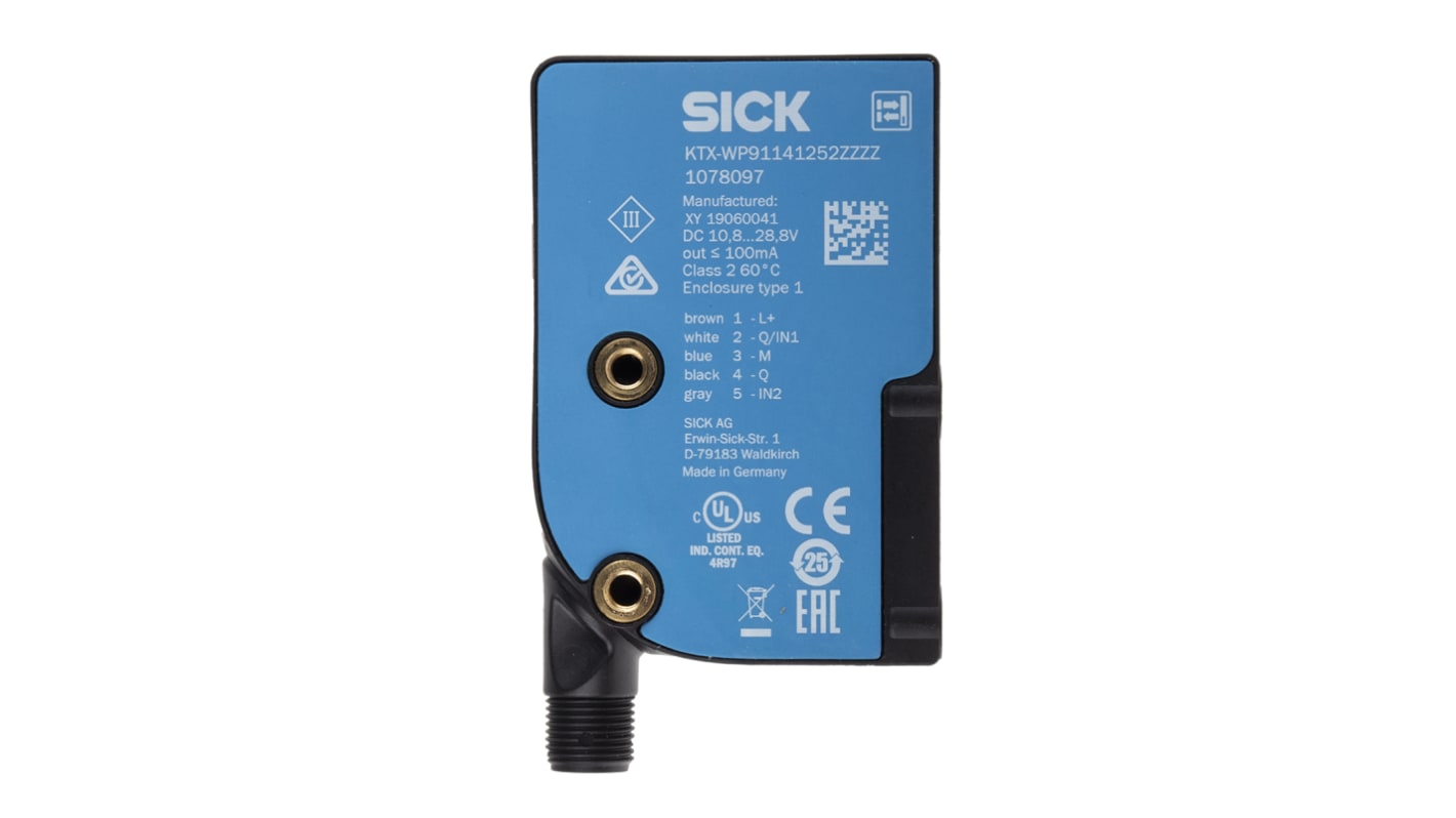 Sensor de contraste Sick serie KTX, alcance 13 mm, LED RGB, 10.8 → 28.8 V dc, salida PNP, IP67