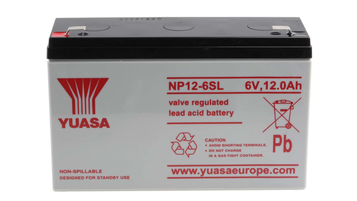 Yuasa 6V Faston 6.35mm Sealed Lead Acid Battery, 12Ah