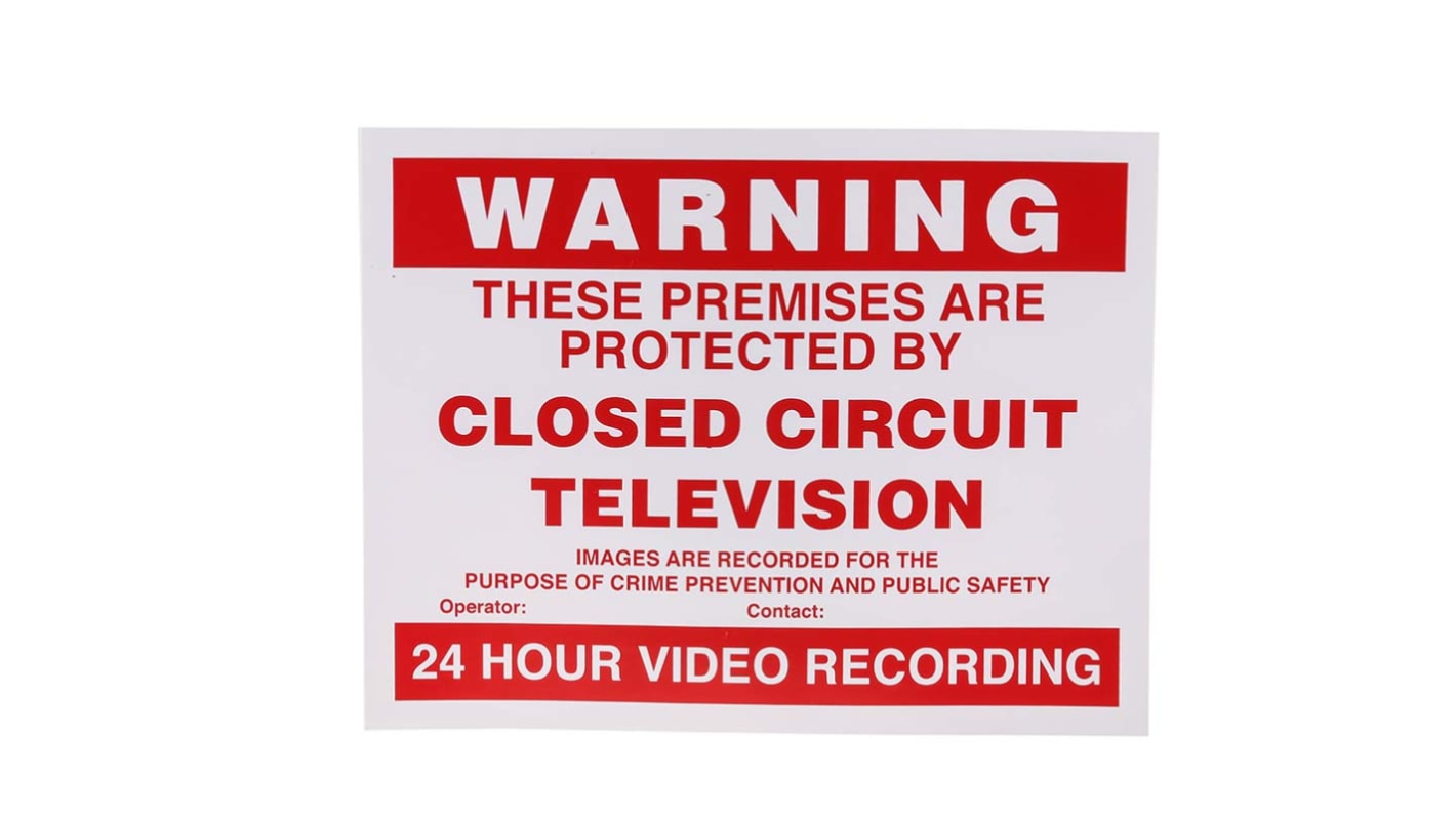 RS PRO Vinyl CCTV Sign, CCTV Sign, English, 100 mm x 130mm