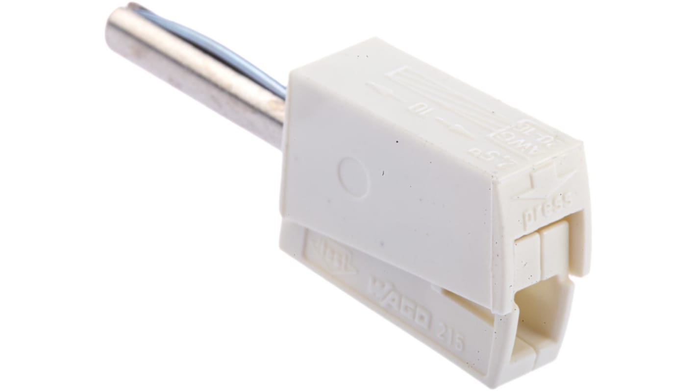WAGO White Male Banana Plug, 4 mm Connector, Cage Clamp Termination, 20A, 42V, Nickel Plating