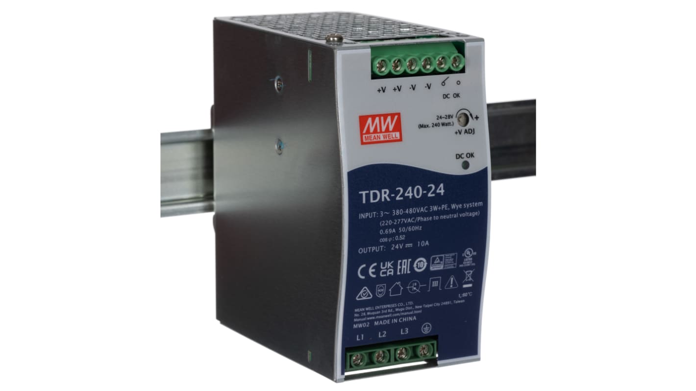 MEAN WELL TDR Switched Mode DIN Rail Power Supply, 340 → 550 V ac / 480 → 780V dc ac, dc Input, 24V dc dc