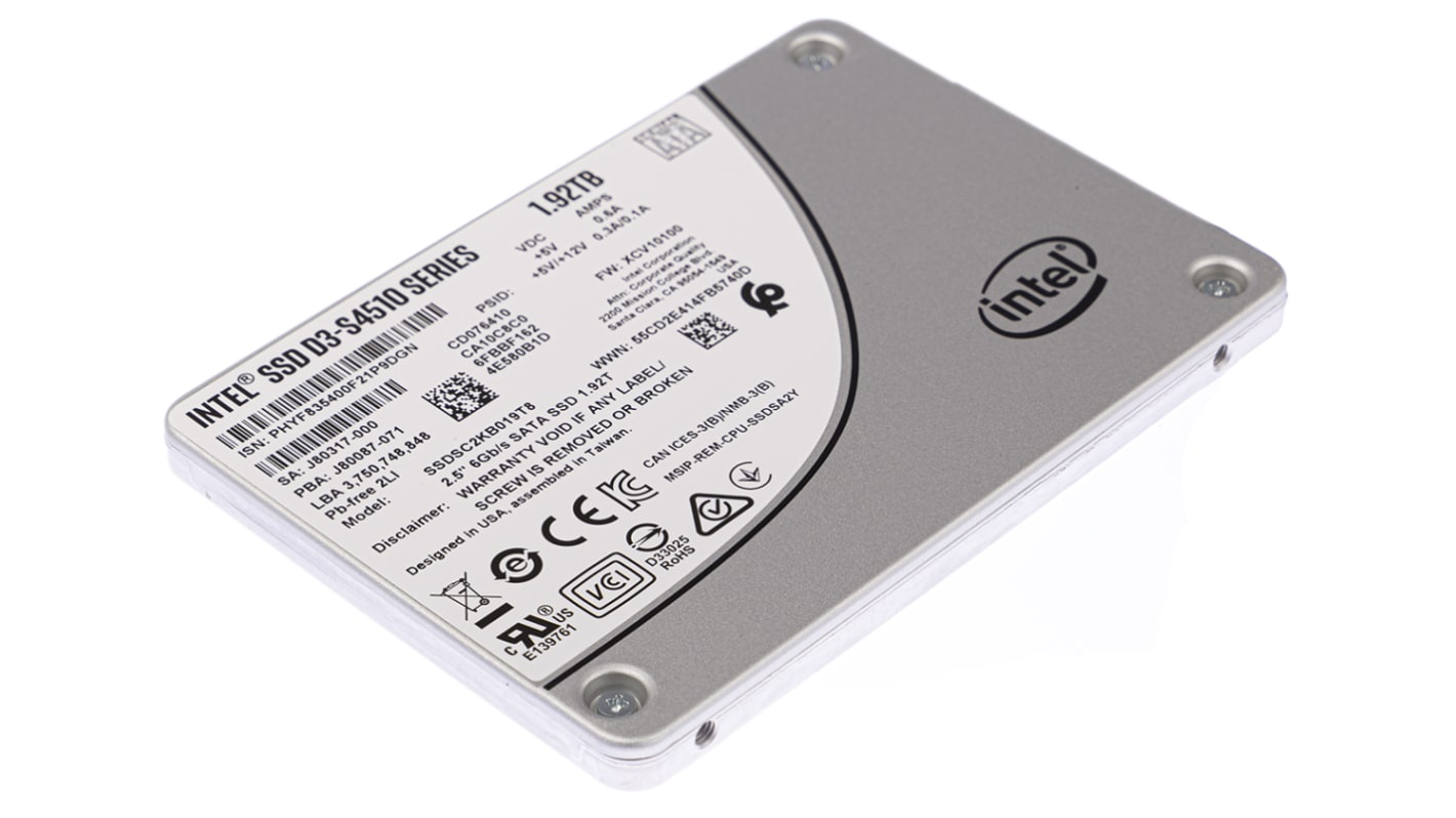 Intel 1.92 TB固态硬盘 SSD, SATA III 6 Gbit/s接口, 工业用, 2.5 in, SSD S4510, TLC, AES-256