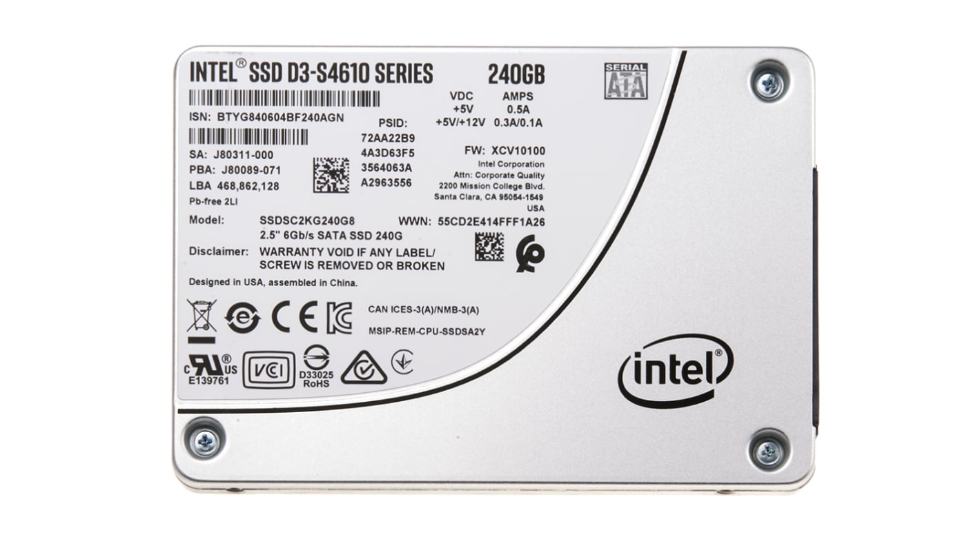 Intel 240 GB固态硬盘 SSD, SATA III 6 Gbit/s接口, 工业用, 2.5 in, SSD S4610, TLC, AES-256
