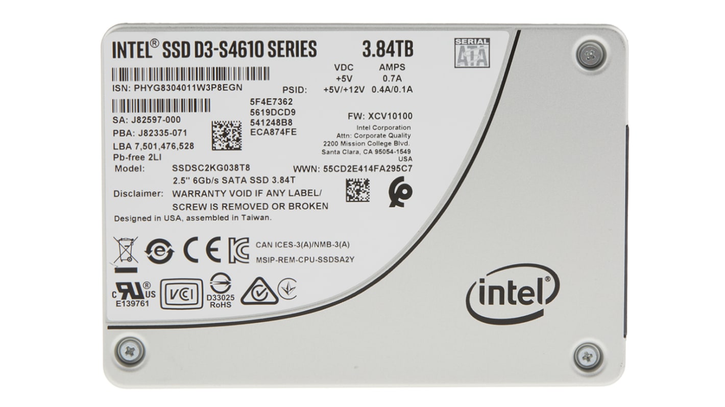 Intel SSD S4610, 2,5 Zoll Intern HDD-Festplatte SATA III 6 Gbit/s Industrieausführung, TLC, 3,84 TB, SSD, AES-256