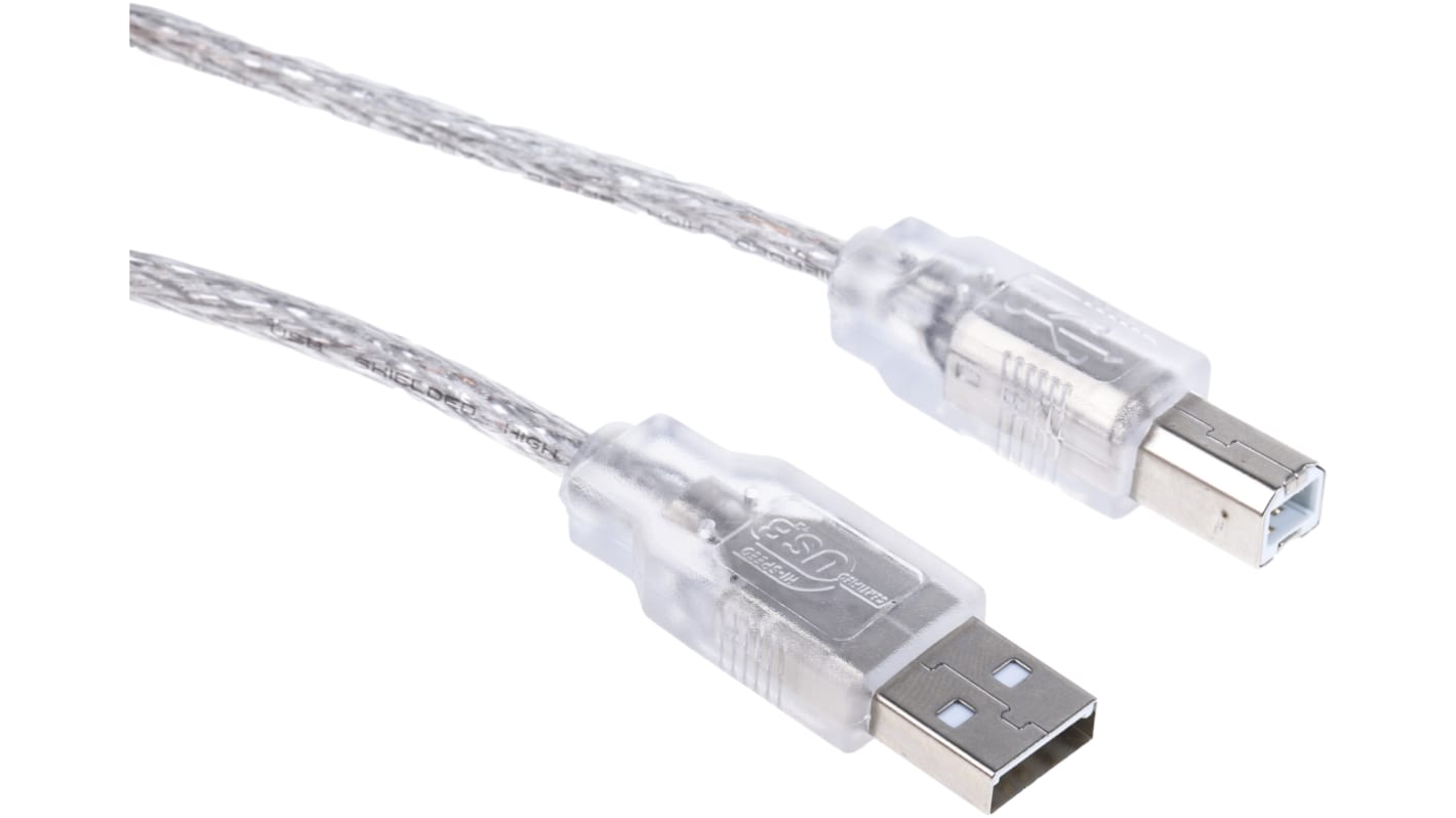 RS PRO USB-kábel, USB A - USB B, Átlátszó, 3m