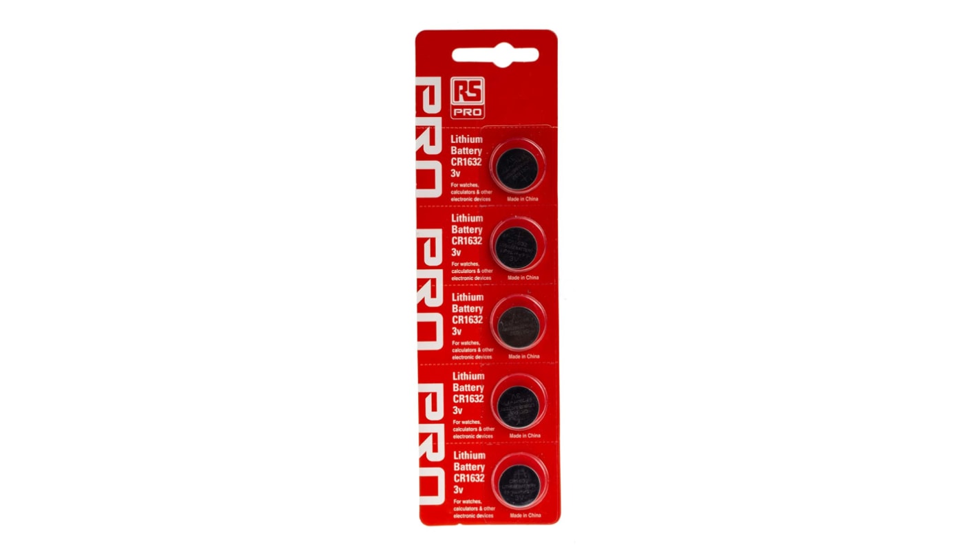 RS PRO CR1632 Button Batteries, 3V, 16mm Diameter