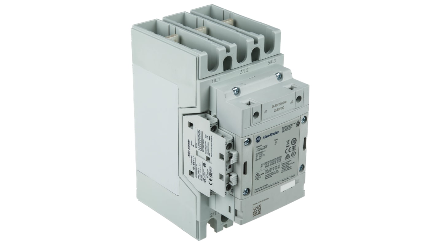 Allen Bradley 100-E Contactor, 24 → 60 V dc Coil, 3-Pole, 205 A, 110 kW, 1NO + 1NC, 400 V ac