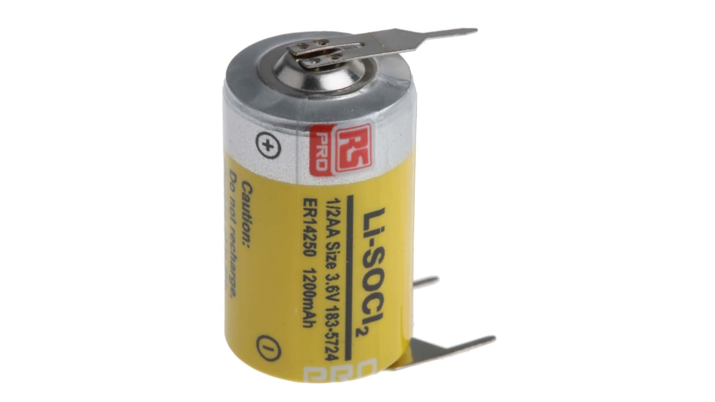 Batteria 1/2 AA RS PRO, Litio cloruro di tionile, 3.6V, 1.2Ah, terminale Pin PCB