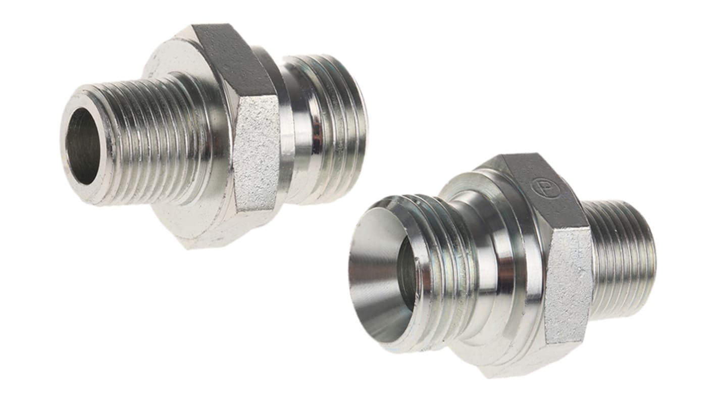 Adattatore filettato dritto idraulico Parker, connettore A: G 1/2, B: R 1/2 Maschio, in Acciaio