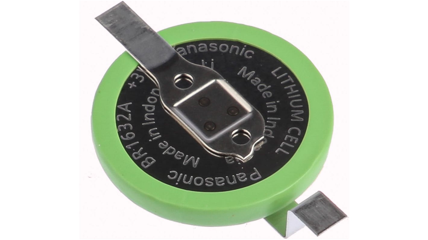 Panasonic BR1632A纽扣电池, 3V, 120mAh, 锂聚碳酸脂一氟化物, PCB 引脚接端, 16 x 3.2mm, BR系列, BR1632A