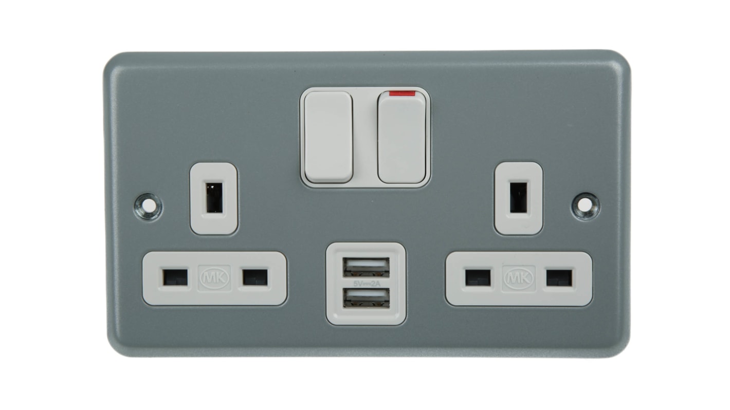 Presa elettrica, MK Electric K2944D5ALM, 13A, 2 moduli, IP2XD, IP66, presa BS1363, USB in Acciaio In interni, Montaggio