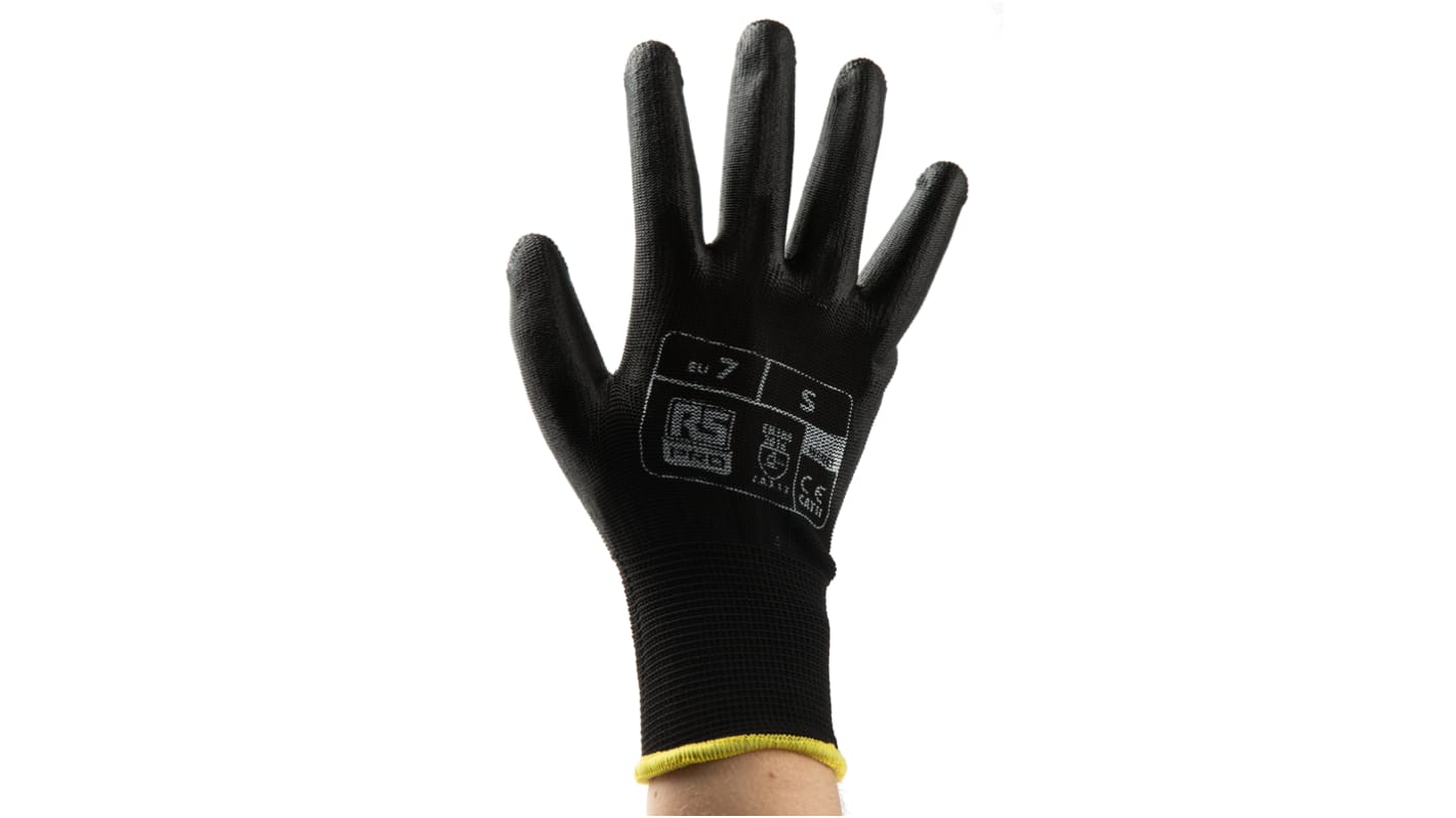 RS PRO Black Abrasion Resistant, Tear Resistant Work Gloves, Size 7, Polyurethane Coating
