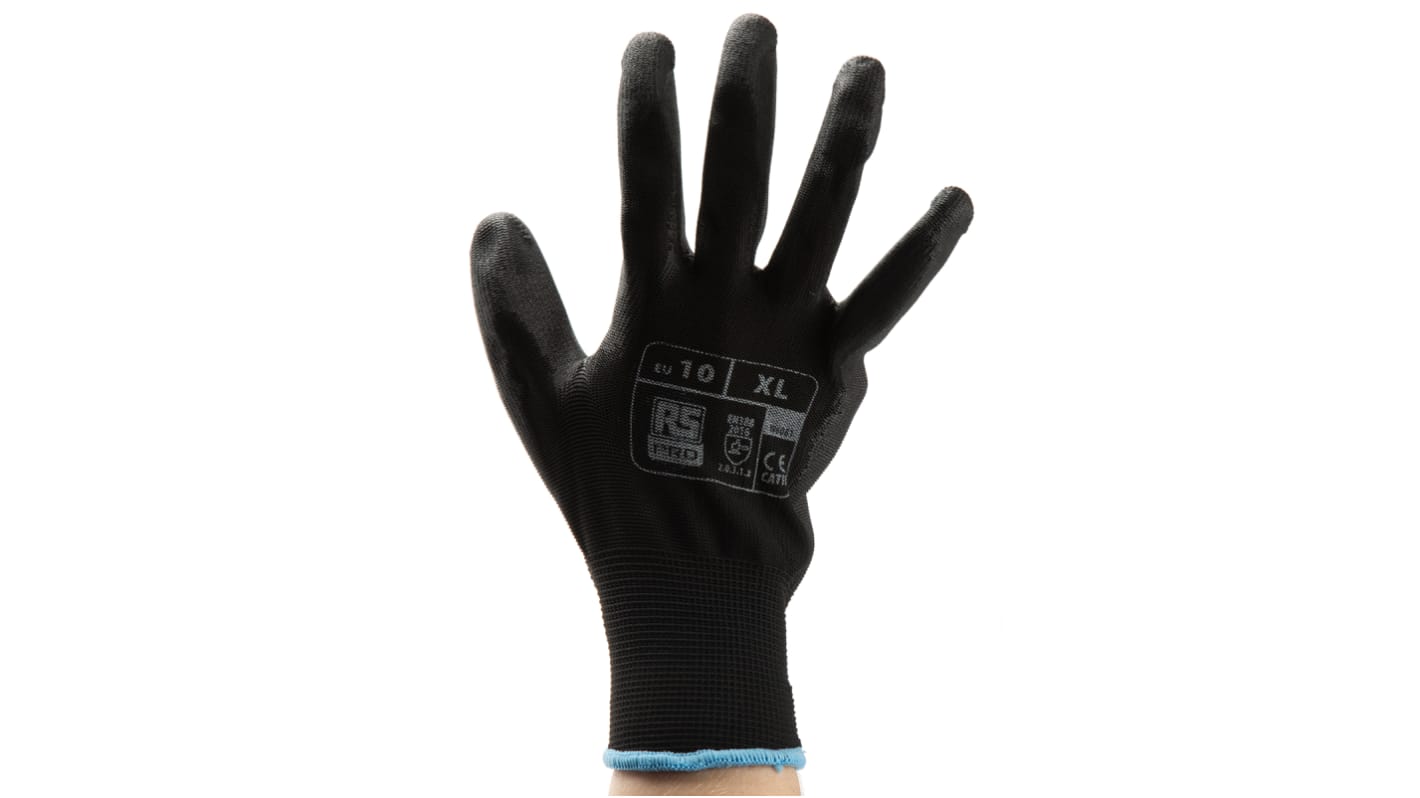 RS PRO Black Abrasion Resistant, Tear Resistant Work Gloves, Size 10, Polyurethane Coating