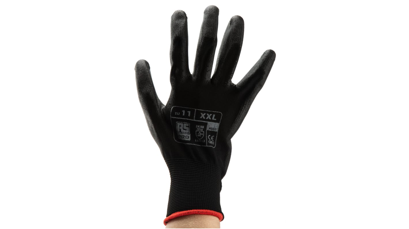 RS PRO Black Abrasion Resistant, Tear Resistant Work Gloves, Size 11, Polyurethane Coating