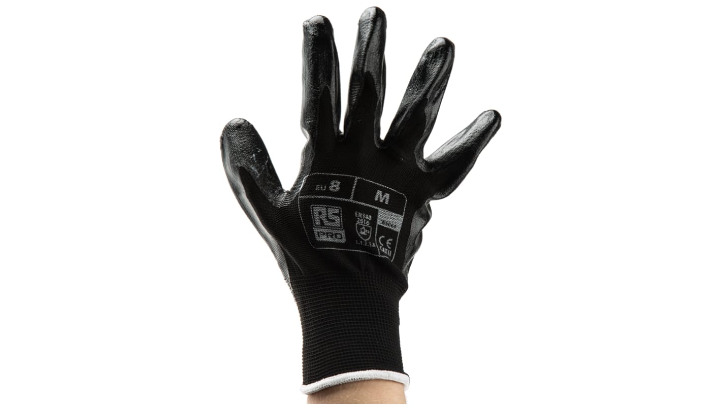 RS PRO Black Abrasion Resistant, Tear Resistant Work Gloves, Size 8, Nitrile Coating
