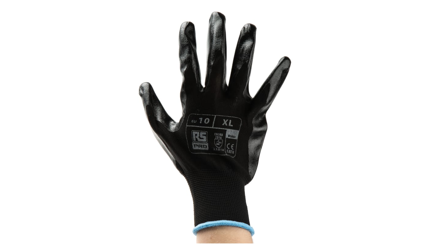 RS PRO Black Abrasion Resistant, Tear Resistant Work Gloves, Size 10, Nitrile Coating