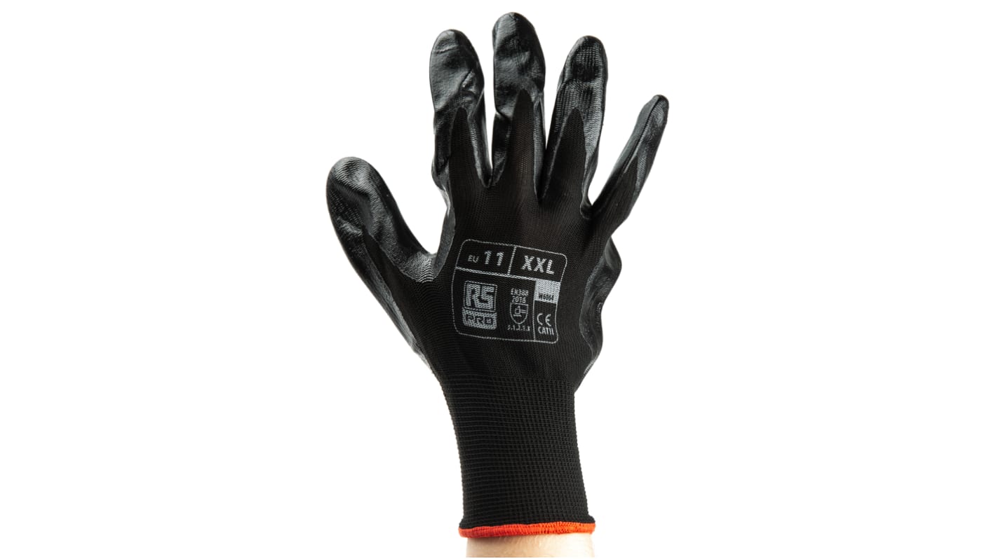 RS PRO Black Abrasion Resistant, Tear Resistant Work Gloves, Size 11, Nitrile Coating