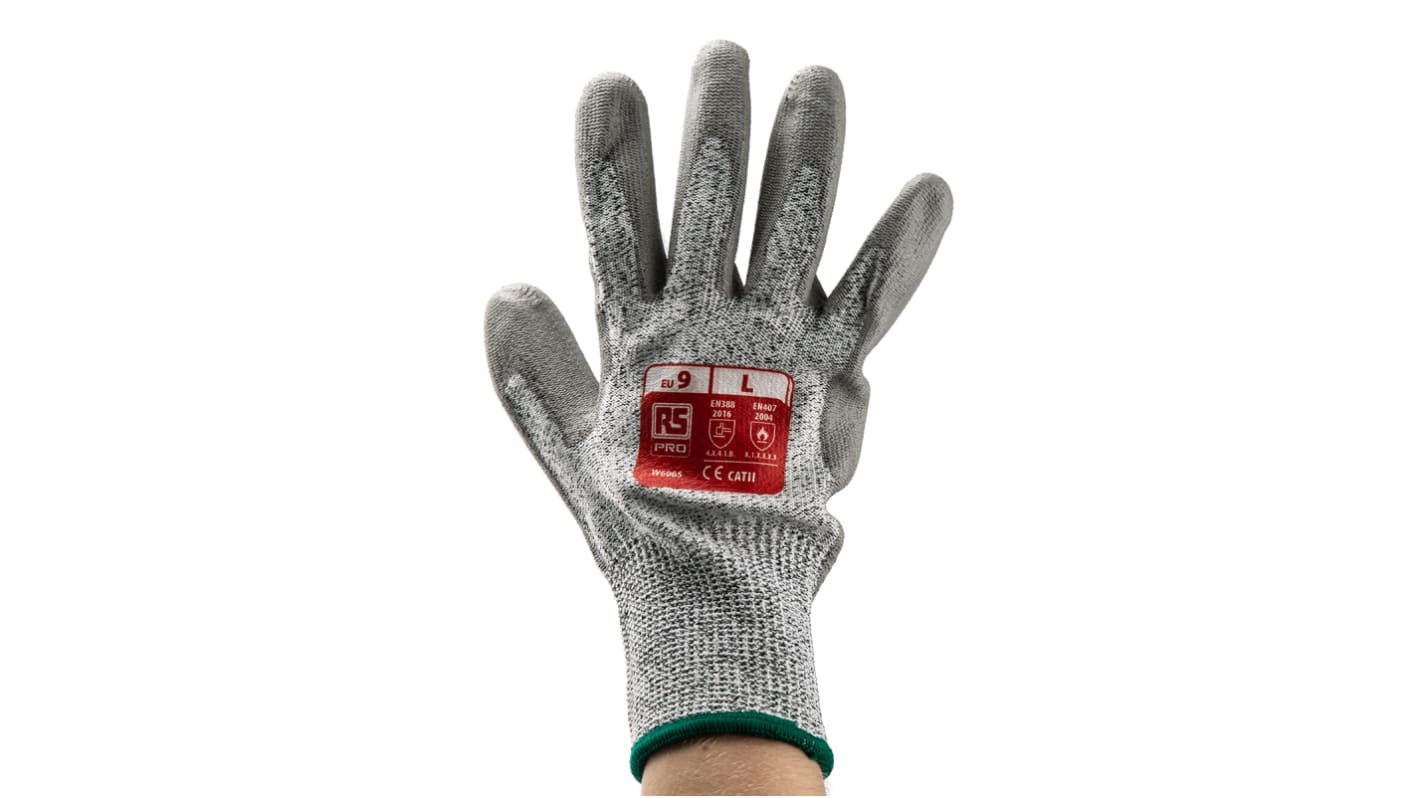 RS PRO Grey HPPE/Nylon/Glass Cut Resistant Work Gloves, Size 9, Polyurethane Coating