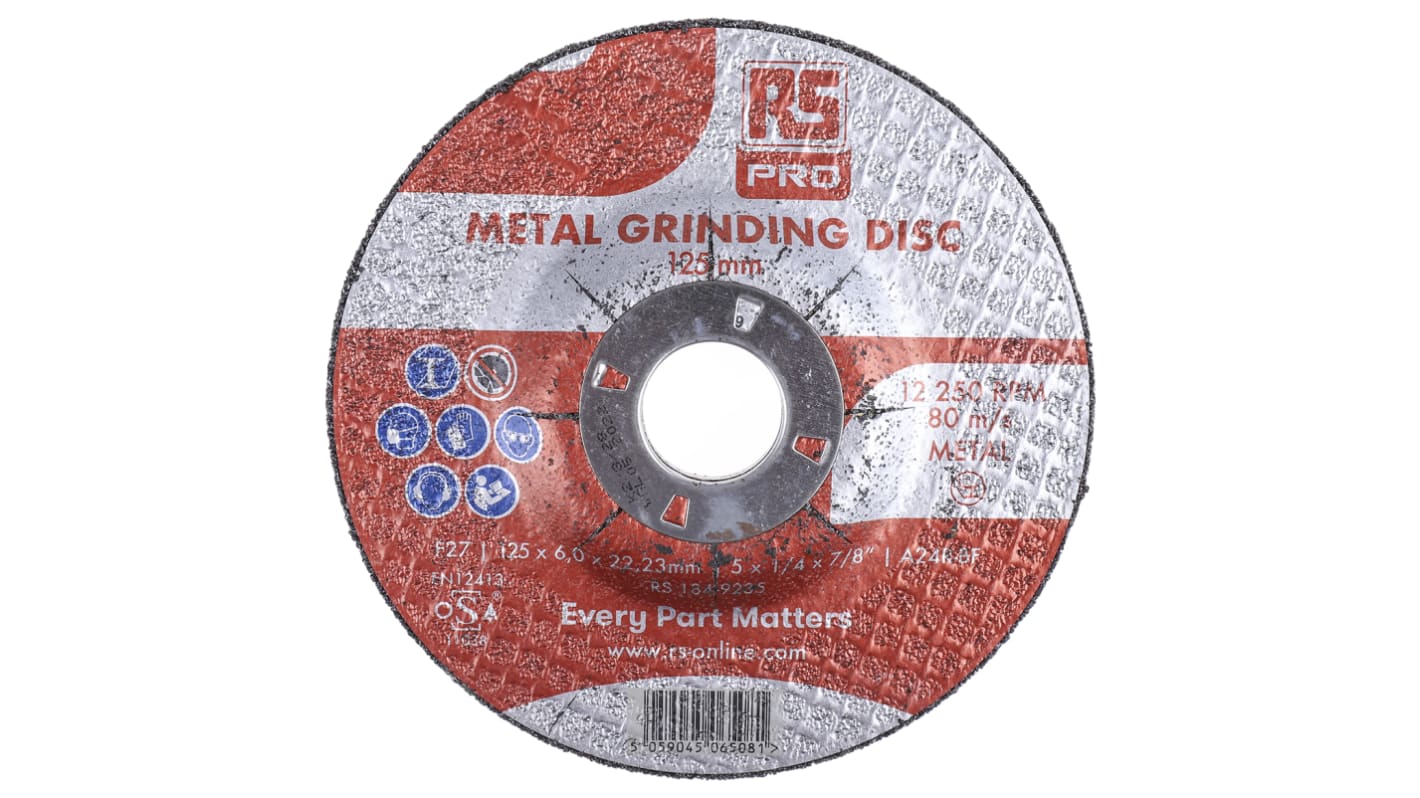 RS PRO Aluminium Oxide Grinding Disc, 125mm x 6mm Thick, Fine Grade, P180 Grit, 5 in pack