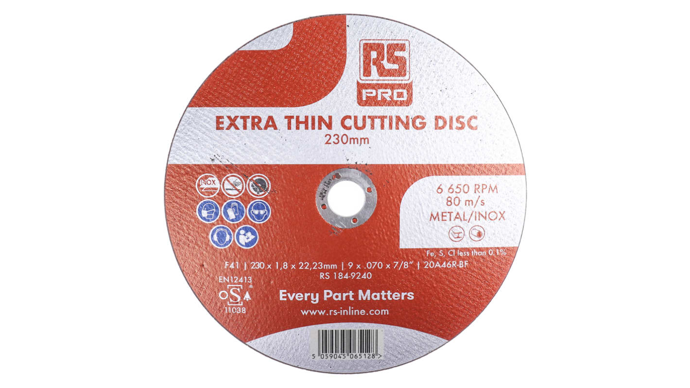 RS PRO Aluminium Oxide Cutting Disc, 230mm x 1.8mm Thick, Fine Grade, P120 Grit, 5 in pack