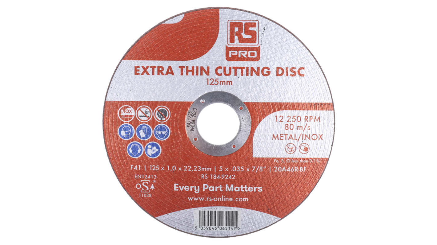 RS PRO Aluminium Oxide Cutting Disc, 125mm x 1mm Thick, Fine Grade, P120 Grit, 5 in pack