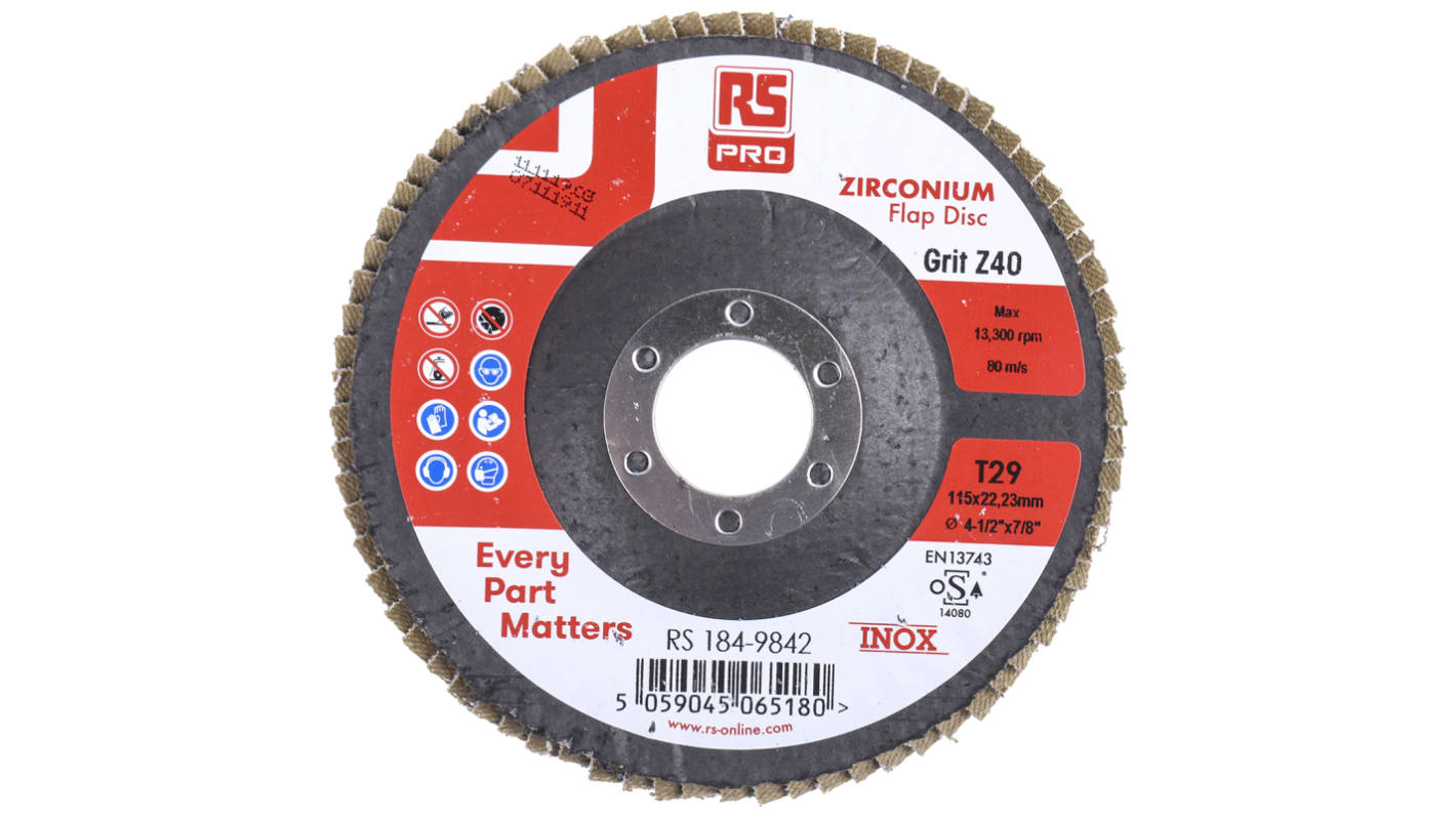 RS PRO Zirconium Flap Disc, 115mm x 7mm Thick, 40+ Grade, P40 Grit, 5 in pack