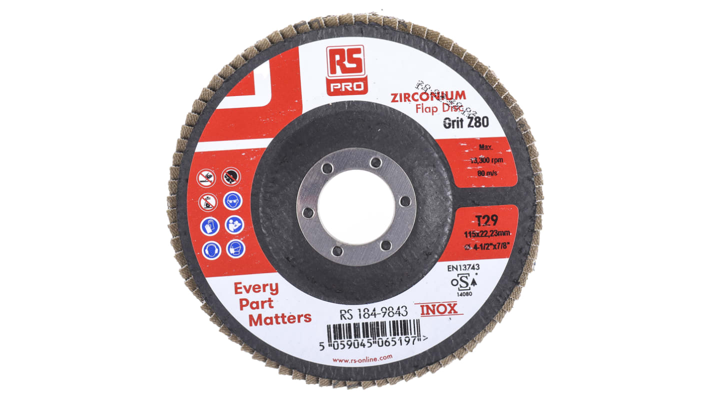RS PRO Zirconium Flap Disc, 115mm x 7mm Thick, 80+ Grade, P80 Grit, 5 in pack