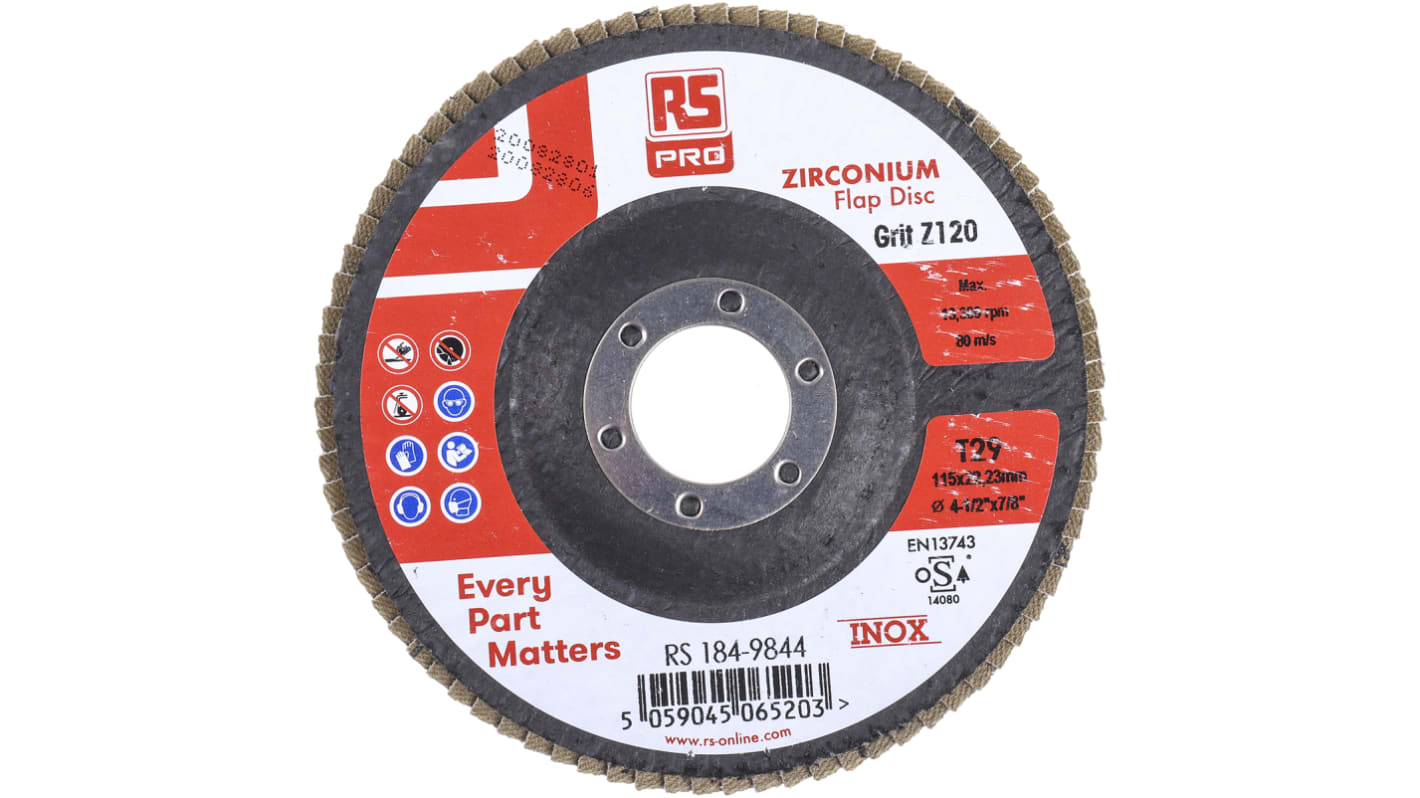 RS PRO Zirconium Flap Disc, 115mm x 7mm Thick, 120+ Grade, P120 Grit, 5 in pack