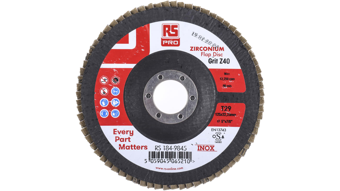 RS PRO Zirconium Flap Disc, 125mm x 7mm Thick, 40+ Grade, P40 Grit, 5 in pack