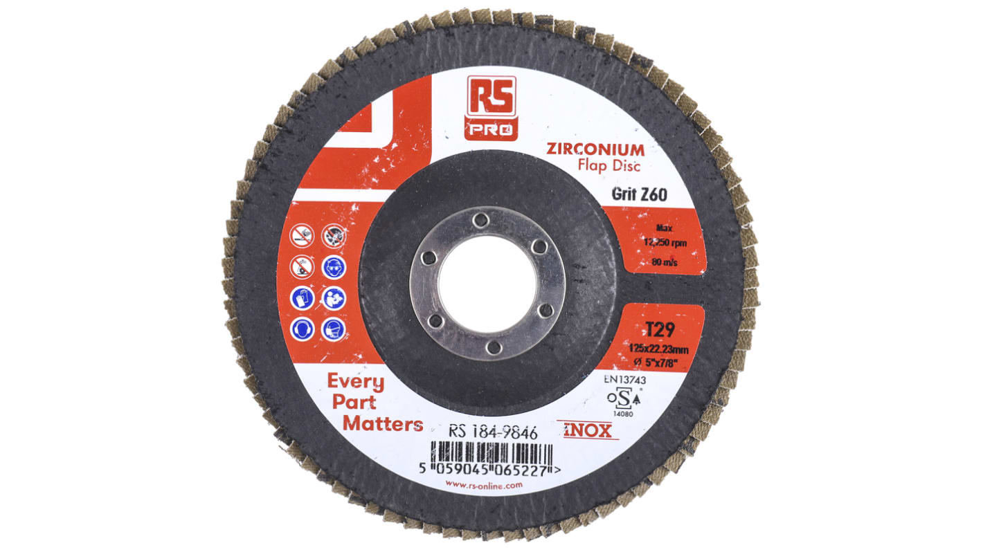 RS PRO Zirconium Dioxide Flap Disc, 125mm, P60 Grit, 5 in pack
