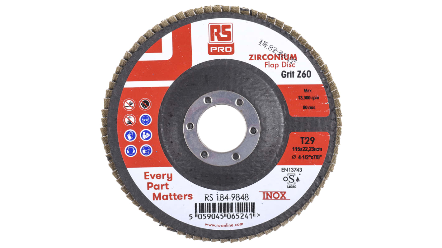 RS PRO Zirconium Flap Disc, 115mm x 7mm Thick, 60+ Grade, P60 Grit, 5 in pack