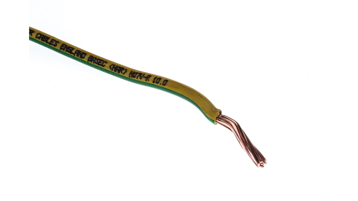 RS PRO 绿色/黄色导管电线, 10mm², 50m长, 450V 直流， 750V 交流, 最高70°C, PVC TI1绝缘