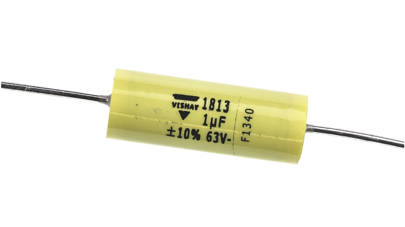 Vishay MKT 1813 Metallised Polyester Film Capacitor, 40 V ac, 63 V dc, ±10%, 1μF, Through Hole