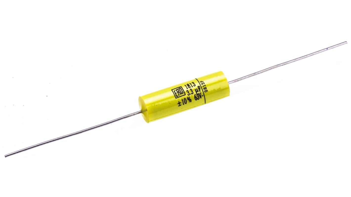 Vishay MKT 1813 Metallised Polyester Film Capacitor, 40 V ac, 63 V dc, ±10%, 3.3μF, Through Hole