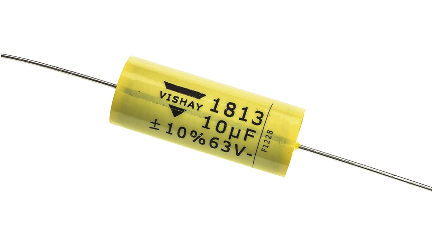 Vishay MKT 1813 Metallised Polyester Film Capacitor, 40 V ac, 63 V dc, ±10%, 10μF, Through Hole