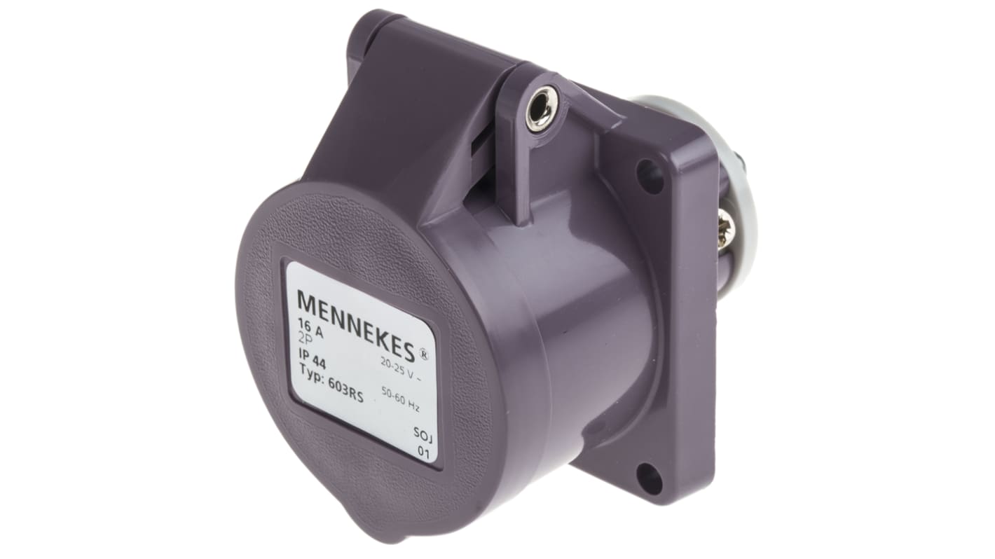 Conector de potencia industrial Hembra, Formato 2P, Orientación Recto, Morado, 20 → 25 V., 16A, IP44