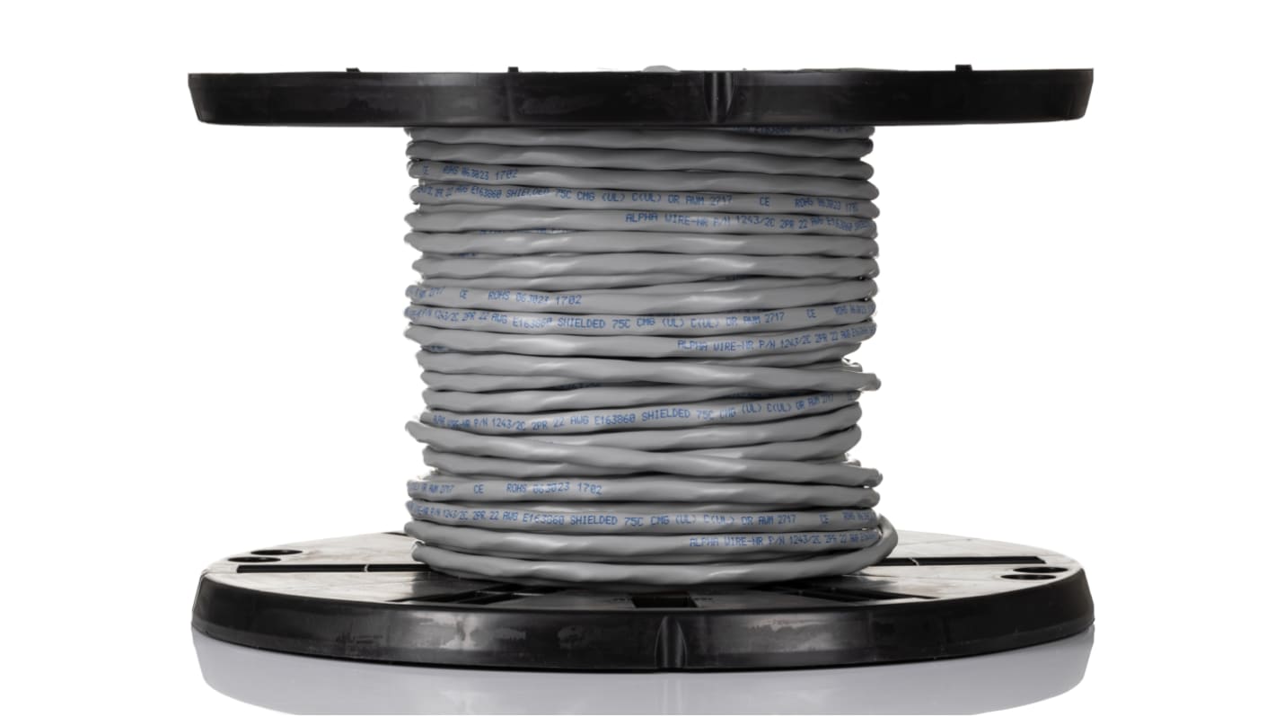 Alpha Wire 4芯2对屏蔽线 0.35 mm²双绞线 数据电缆, Alpha Essentials Communication & Control系列, 22 AWG, PVC灰色护套
