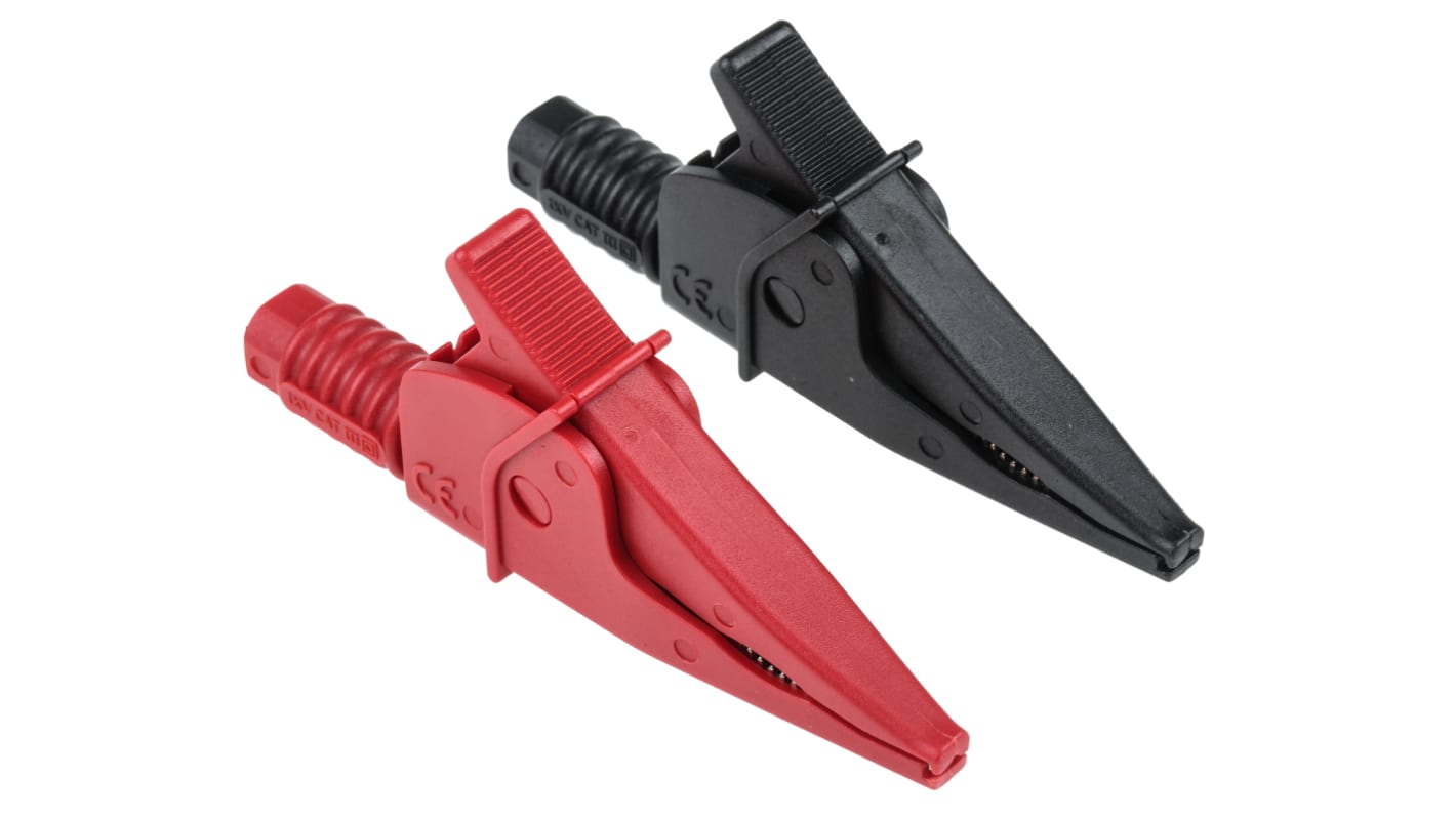 Clip a coccodrillo RS PRO, 20A, apertura 39.6mm, isolato, col. Nero, rosso