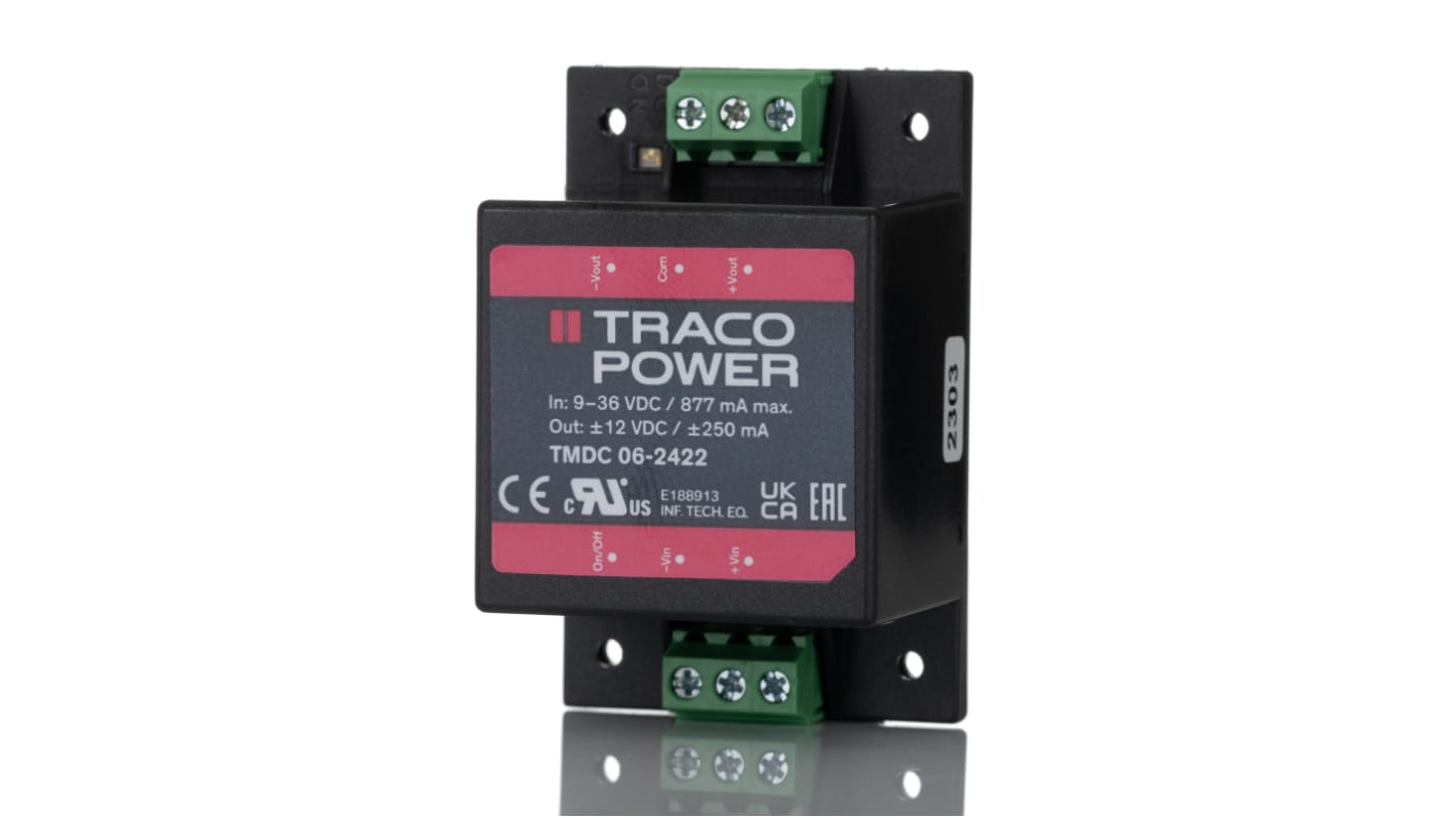 TRACOPOWER TMDC 06 DC-DC Converter, ±12V dc/ ±250mA Output, 9 → 36 V dc Input, 6W, Chassis Mount, +80°C Max Temp