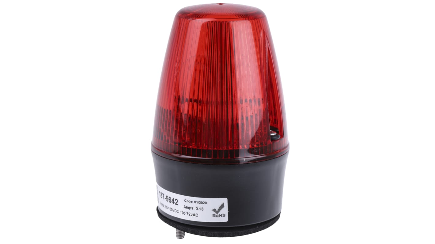 RS PRO Red Flashing Beacon, 10 → 100 V dc, 20 → 72 V ac, Surface Mount, Wall Mount, Xenon Bulb