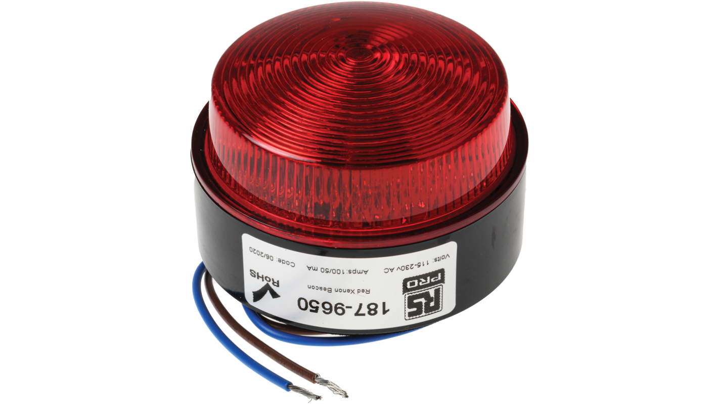 RS PRO Red Flashing Beacon, 115 → 230 V ac, Stud Mount, Surface Mount, Xenon Bulb, IP67