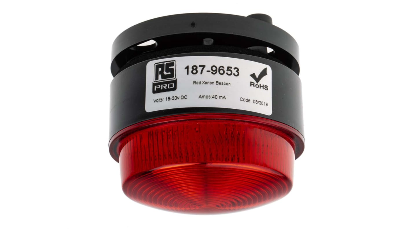 RS PRO Red Flashing Beacon, 18 → 30 V dc, Stud Mount, Surface Mount, Xenon Bulb, IP67