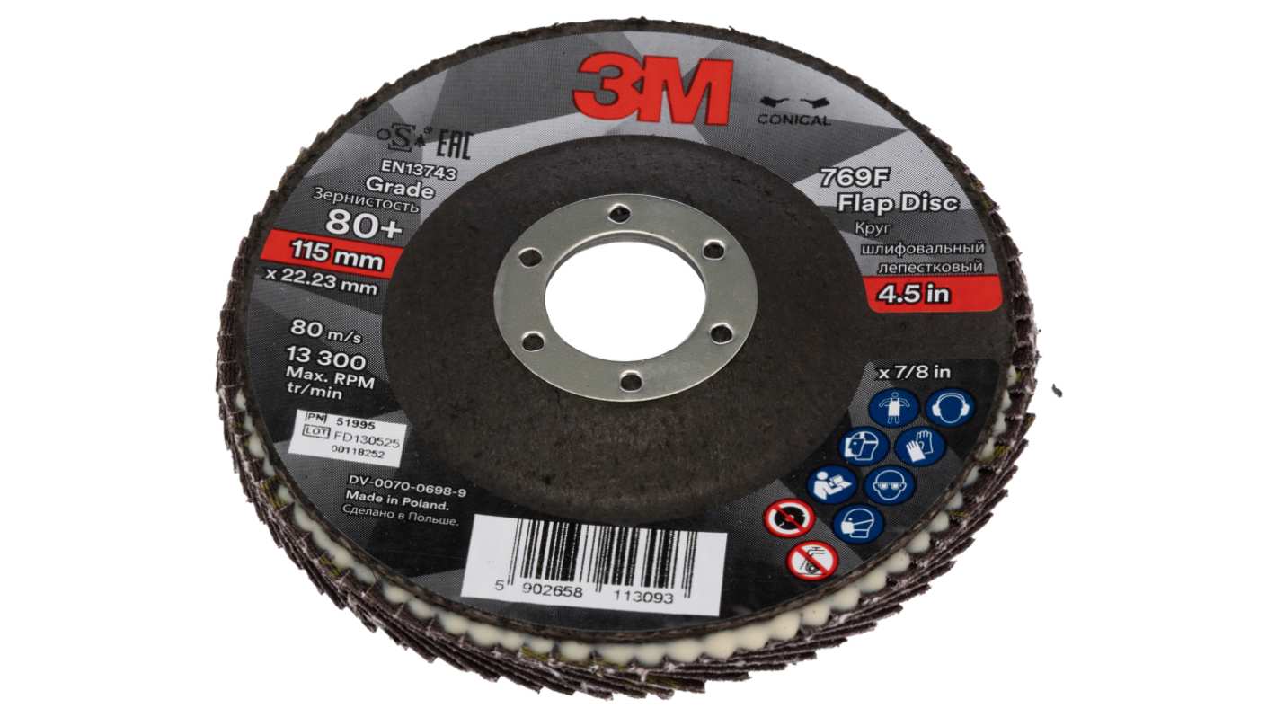 3M 769F Zirconia Aluminium Flap Disc, 115mm, Fine Grade, P80 Grit